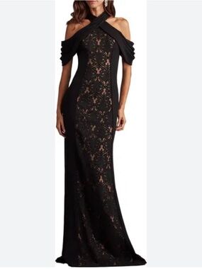 TADASHI SHOJI lace mesh Elegant Black Lace Cold-Shoulder Evening Gown
